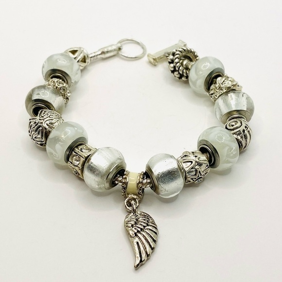 Charm Bracelet White Glass Beads Silver Tone 8” - Picture 5 of 5